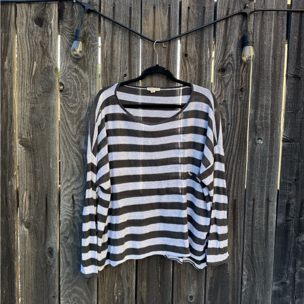 Eileen Fisher Grey and White Striped Organic 100% Linen Dolman Sweater large